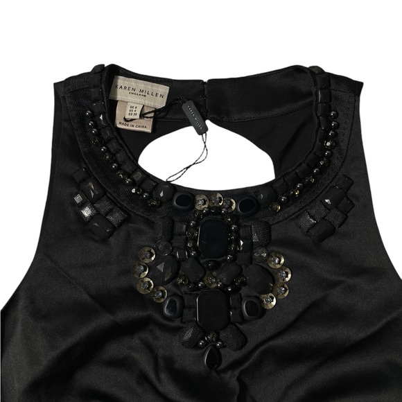 Karen Millen Black Dress Sz 4 Silk Satin Beaded Sleeveless Knee Length Cocktail - Picture 5 of 7